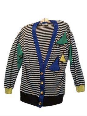 Peter Popovitch Sailboat Cardigan with Nautical Buttons Embroidered Sailboats
